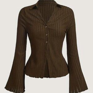 Elegant Ruffle Trim Blouse – Bell Sleeves, Button Detail & Stretchy